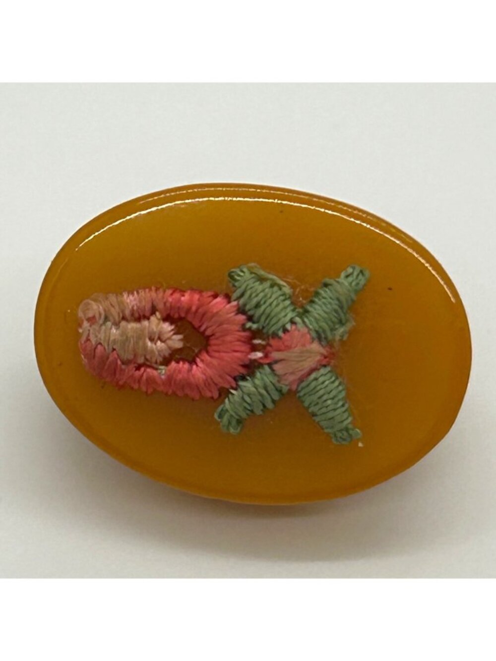 Bakelite Clip-On Earrings  Butterscotch Pink & Green Embroidered Floral Vintage - Picture 9 of 15